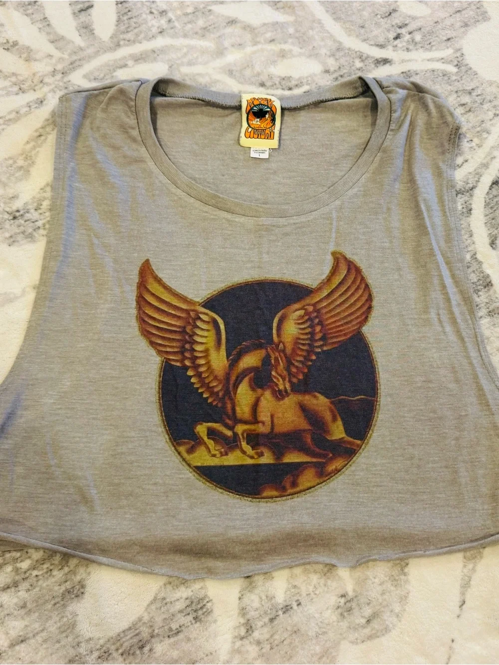 Classic Rock Couture Graphic Label Tank - Beige with Orange & Teal Print - Picture 1 of 3